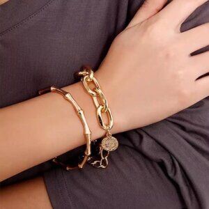 NEW 2/Pcs Set Gold Chain Punk Bangle Bracelet